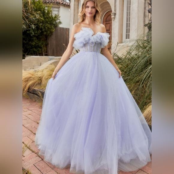 Blue strapless tulle long gown with scattered pearls - Picture 1 of 7